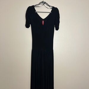 STAUD Drop Waist Jersey Black Ruched-Sleeve V-Neck Maxi Dress